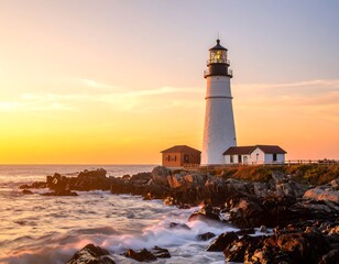 Naklejka premium Coastal Beacon: A White Lighthouse Standing Tall Against a Vibrant Sunset Sky