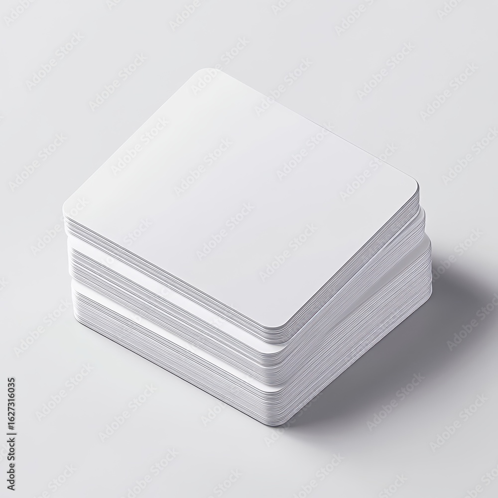 Aufkleber stack of blank rectangular cards on a light surface.