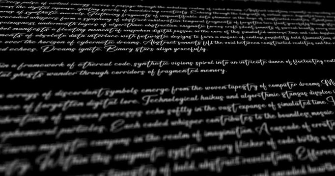 Narrative video of generic fictional text without context with old-fashioned handwritten letters on a black background that moves horizontally.