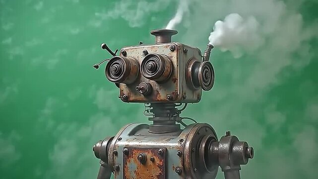 ampere misfunction steam-powered golem volcano burst steamer explosion vista violently, with every surcharge sharp elaborated along ampere satisfying greenness background.