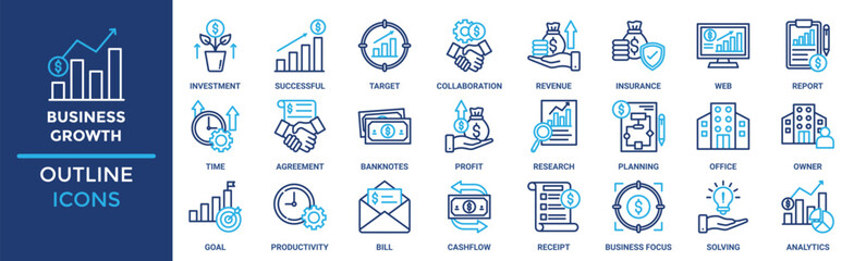 Business growth icon set. Containing investment, successful, target, collaboration, revenue, insurance, web and more. Solid vector icons collection