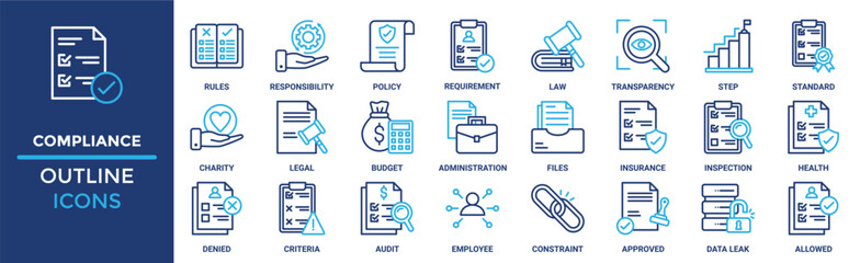 Compliance icon set. Containing rules, responsibility, policy, requirement, law, transparency, step and more. Solid vector icons collection