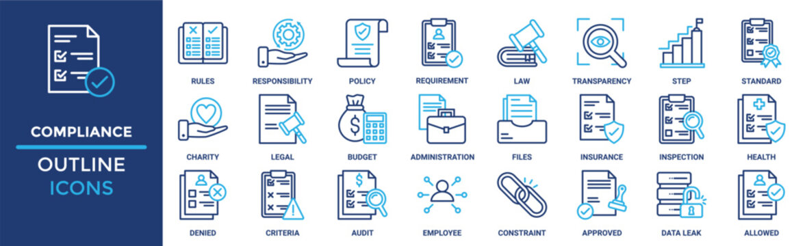 Compliance icon set. Containing rules, responsibility, policy, requirement, law, transparency, step and more. Solid vector icons collection