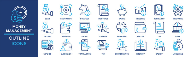 Money management icon set. Containing loan, basic needs, strategy, mortgage, saving, investing, retirement and more. Solid vector icons collection
