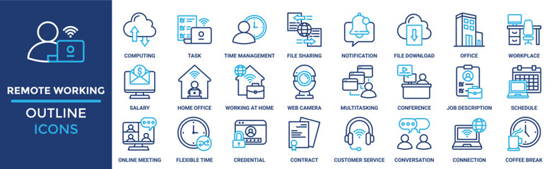 Remote working icon set. Containing computing, task, time management, file sharing, notification, file download, office and more. Solid vector icons collection