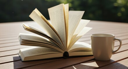 Naklejka premium Open book and coffee cup on wooden table