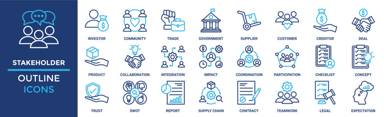 Stakeholder icon set. Containing investor, community, trade, government, supplier, customer, creditor and more. Solid vector icons collection