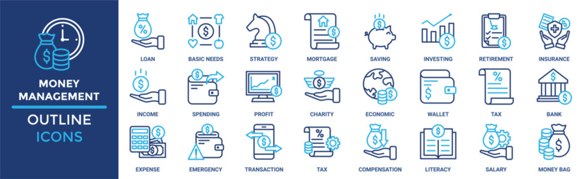 Money management icon set. Containing loan, basic needs, strategy, mortgage, saving, investing, retirement and more. Solid vector icons collection