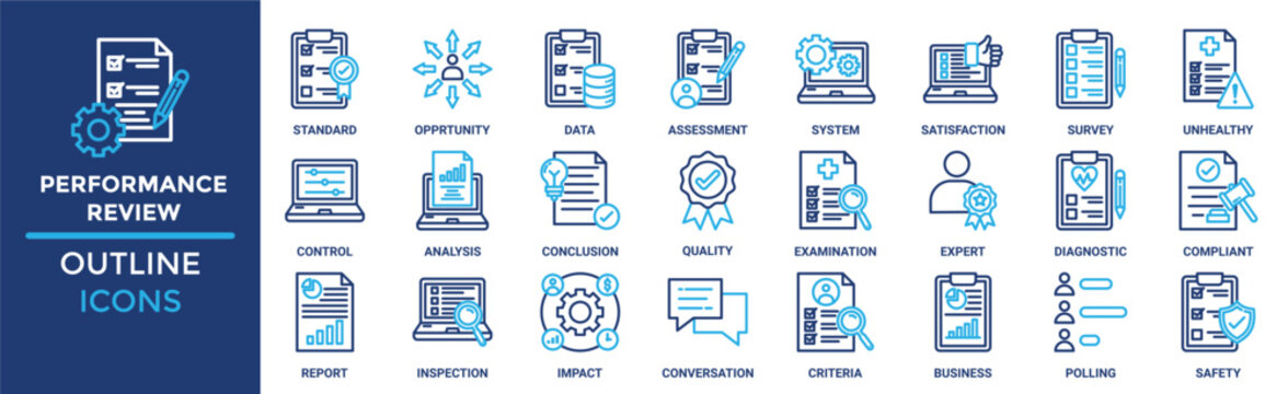 Performance review icon set. Containing standard, opportunity, data, assessment, system, satisfaction, survey, unhealthy and more. Solid vector icons collection 