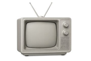 Vintage gray television set with antennas is showing a blank screen on a transparent background