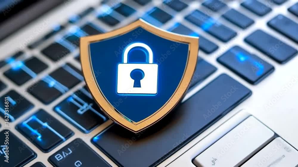 Poster cybersecurity concept with shield and padlock on keyboard for data protection