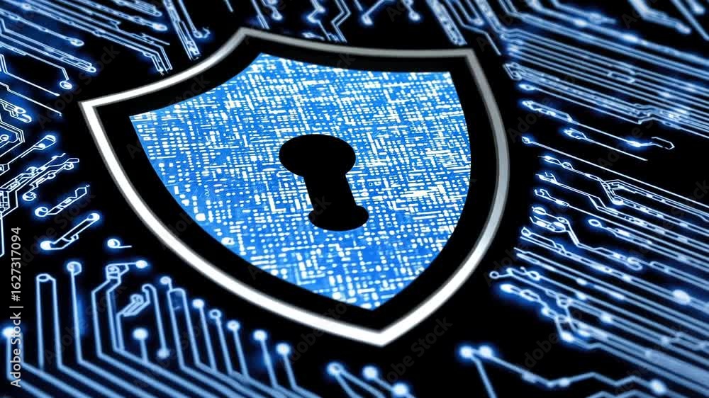 Poster cybersecurity shield lock animated background for network protection concepts