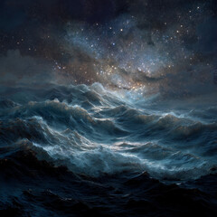 A serene nightscape depicting a luminous full moon illuminating a vast, dark ocean under a starlit sky.