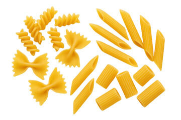 Assortment of Dry Pasta Varieties, Including Fusilli, Farfalle, Penne, and Rigatoni, Artistically Arranged