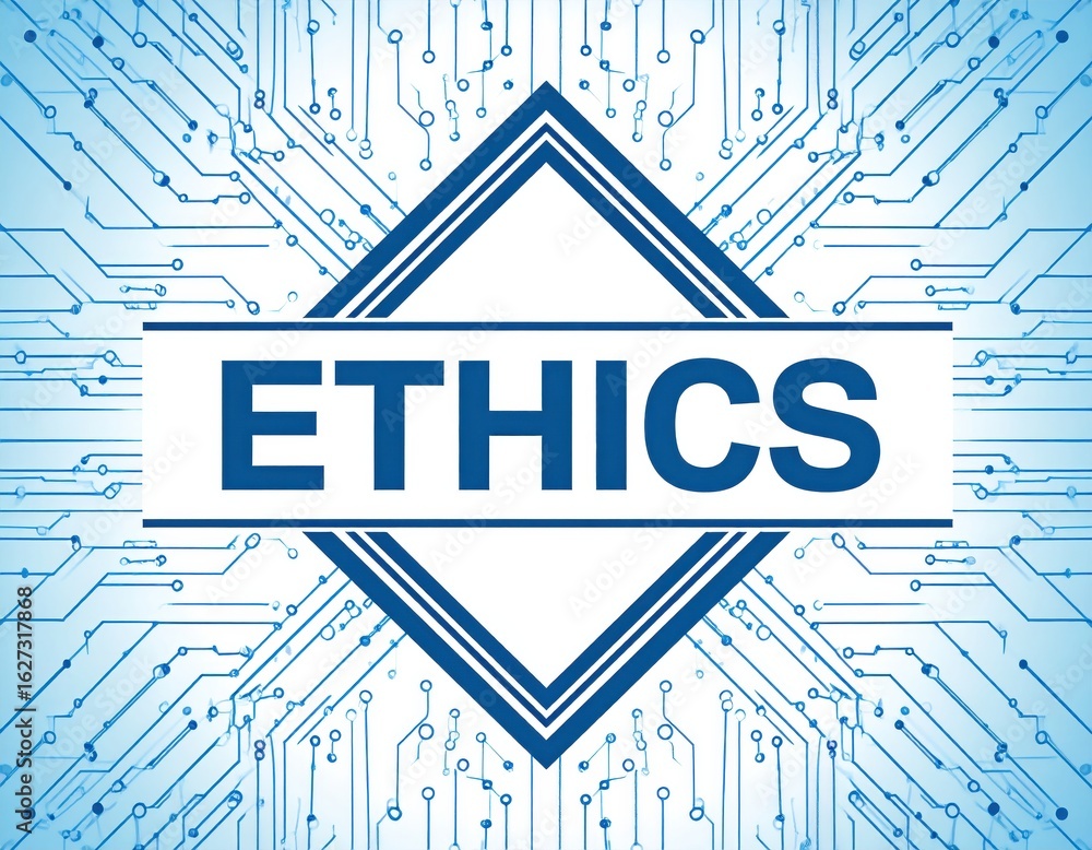 Poster abstract digital background with blue circuit board pattern and central ethics text in a diamond fra