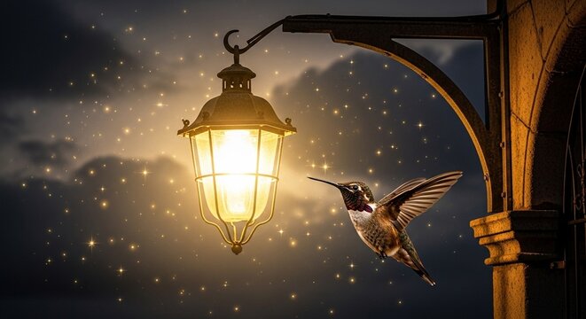 Hummingbird illuminated by a vintage street lamp at night - Powered by Adobe
