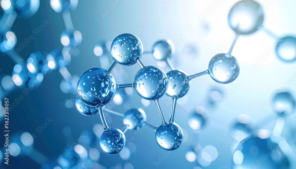 Poster abstract 3d rendering of a molecule model with translucent blue spheres connected by lines against a