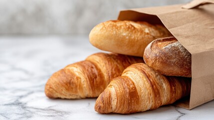 Fototapeta premium A Fresh Bakery Selection Featuring Delicious Croissants and Crusty Breads Wrapped in Eco-Friendly Paper Bag for a Rustic Culinary Experience