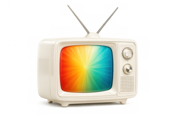 Vintage television displaying vibrant rainbow test pattern, isolated on transparent background, ready for compositing