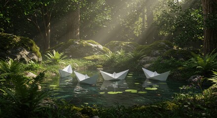 Origami boats on forest pond