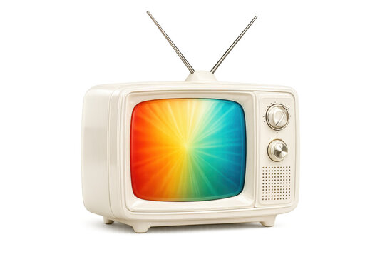 Vintage television displaying vibrant rainbow test pattern, isolated on transparent background, ready for compositing