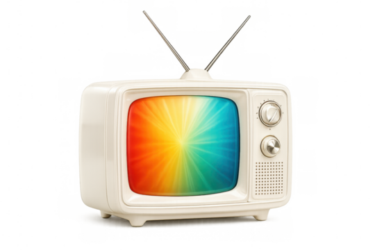 Vintage television displaying vibrant rainbow test pattern, isolated on transparent background, ready for compositing