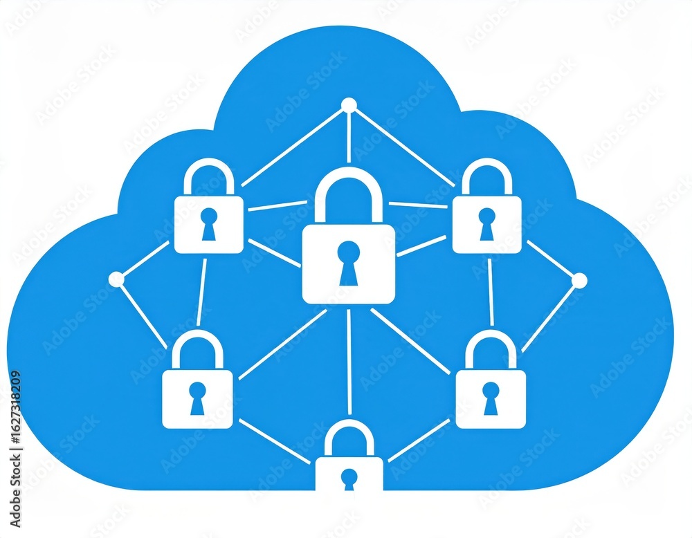 Poster abstract illustration depicting cloud security with multiple padlocks interconnected within a blue c