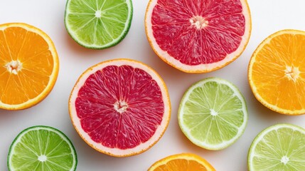 Fototapeta premium Vibrant Arrangement of Sliced Citrus Fruits Showcasing Bright Colors and Textures with Juicy Interiors and Refreshing Aromas for a Healthy Lifestyle