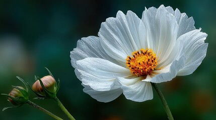 Pink and white cosmos flower close-up with yellow center against soft green background