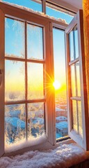 Winter sunrise viewed through a snowy window