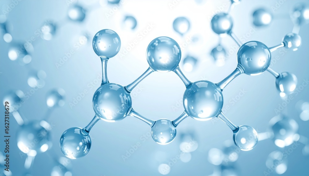 Poster abstract 3d rendering of a molecule model with light blue spheres connected by bonds against a blurr