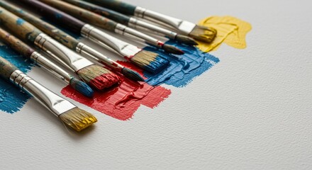Obraz premium Paintbrushes and paint splatters on white background