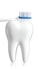 A large, gleaming tooth is shown with a toothbrush resting on top, against a white background