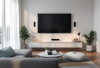 Modern living room with flat screen television and comfortable seating.