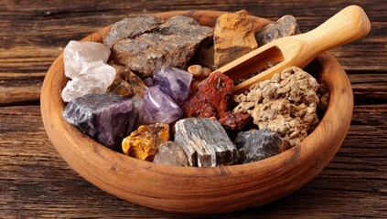 Assorted stones and crystals in a wooden bowl on a rustic wooden surface, with a wooden scoop