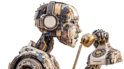 Fototapeta premium a detailed, metallic robot is shown in a profile view, holding a vintage telephone to its ear
