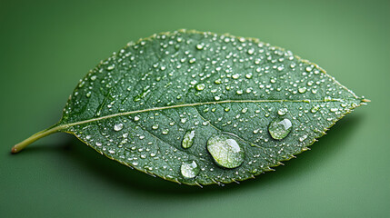 Vibrant green leaf glistening with fresh raindrops conveys nature's beauty and serene renewal