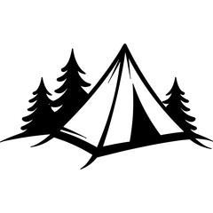 Sketchy emblem of one person tourist tent on the edge of the forest. Engraving minimalistic vector in black ink drawing on transparent background