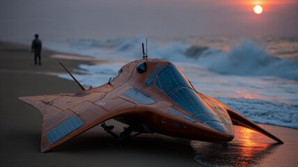 Futuristic hovercraft on beach at sunset with lone figure