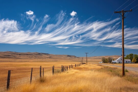 Rural landscape with wispy clouds and power lines - Powered by Adobe
