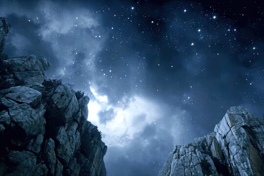Night sky, full of stars, over rocky cliffs