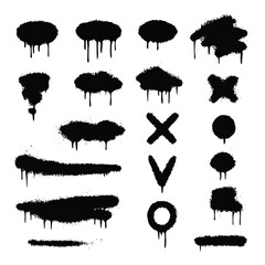 Set of black spray paint drips, splatters, and textured graffiti elements, isolated on transparent background&mdash;ideal for street art, urban graphics, and grunge-style designs.