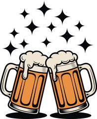 Two beer mugs with frothy foam clinking with sparkling stars vector illustration