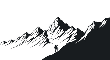 dramatic silhouette of a hiker ascending rugged mountain peaks, isolated on a transparent background; a bold vector illustration for adventure and travel designs.