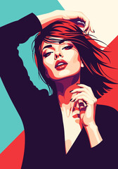 Adobe illustrator artwork flat illustration of a stylish young woman wearing a modern outfit against a colorful abstract background. Ideal for fashion and lifestyle themes