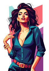 Adobe illustrator artwork flat illustration of a stylish young woman wearing a modern outfit against a colorful abstract background. Ideal for fashion and lifestyle themes