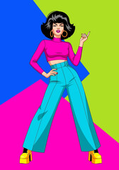 Adobe illustrator artwork flat illustration of a stylish young woman wearing a modern outfit against a colorful abstract background. Ideal for fashion and lifestyle themes