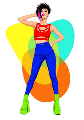 Adobe illustrator artwork flat illustration of a stylish young woman wearing a modern outfit against a colorful abstract background. Ideal for fashion and lifestyle themes