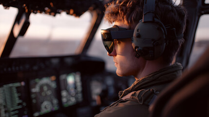 a person wearing a headset in the cockpit