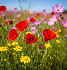 Fototapeta premium A high-definition photo of a vibrant wildflower field under a clear blue sky, filled with bright red poppies, yellow daisies, and pink cosmos.
